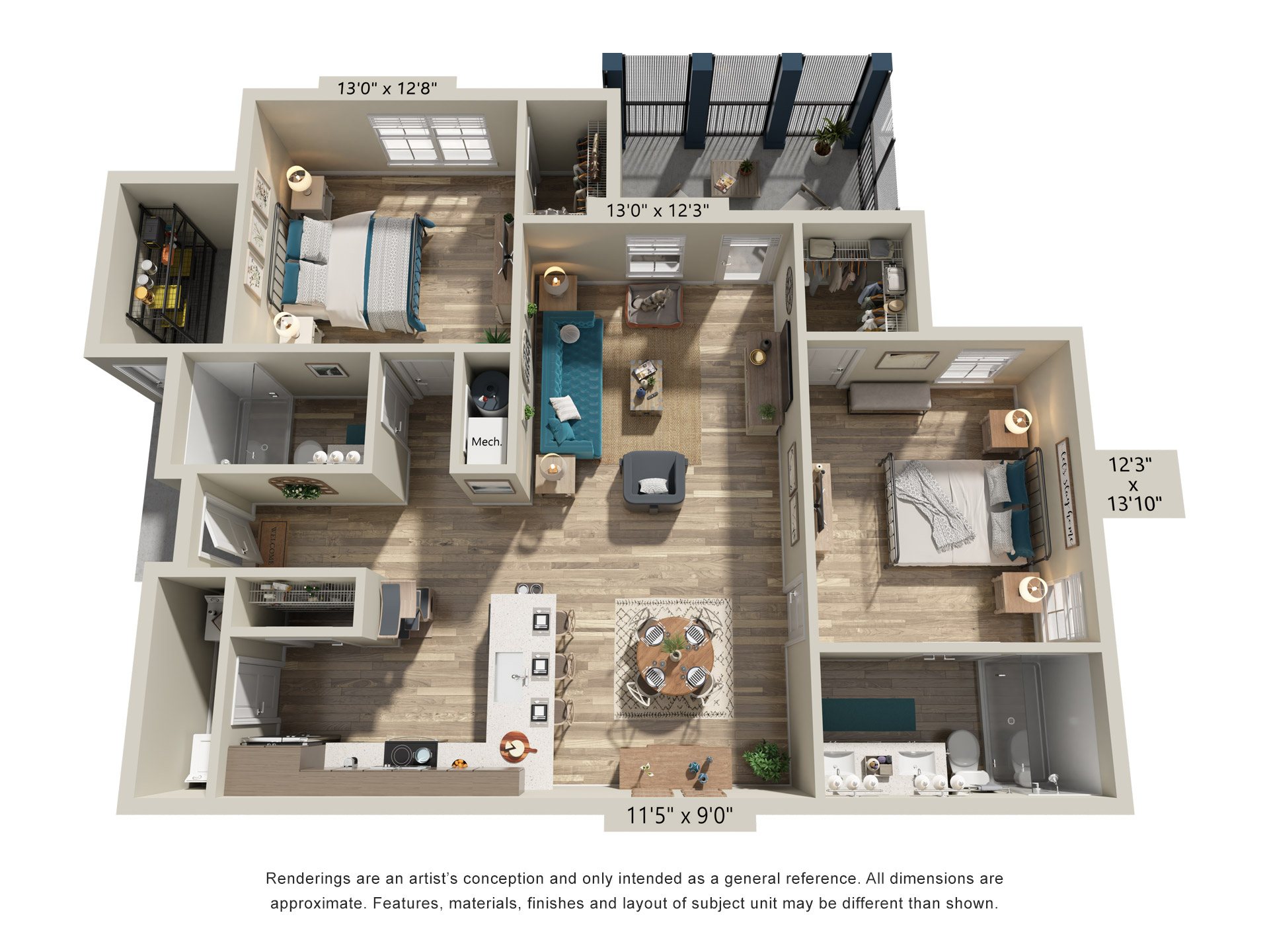Floor plan for 2 beds, 2 baths, 1255 sqft